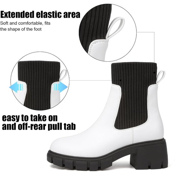 BKWHDAY Women's White Black Chelsea Platform Ankle Boots Fashion Chunky Heel - Picture 4 of 7